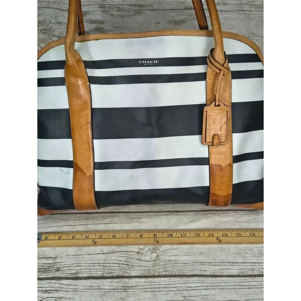 COACH Bleecker Striped Preston Satchel F30173 Black White Leather Trim Vintage